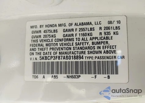 2010 Honda Accord Exl from USA, damaged, VIN 5KBCP3F87AB018894